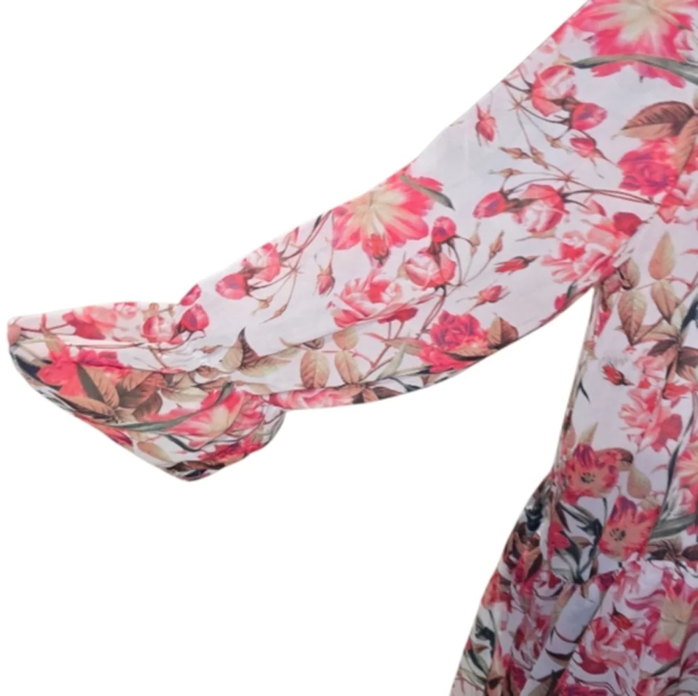 Gianni Bini Floral Print‎ Mini Dress V Neck 3/4 Bell Sleeve White Pink - Picture 5 of 8